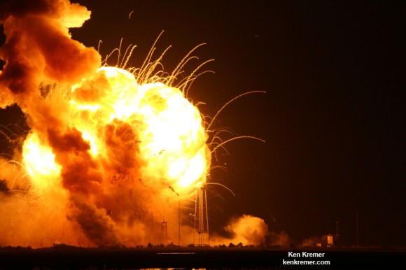 Orbital Sciences Antares rocket explodes intoan aerial fireball seconds after blastoff from NASA’s Wallops Flight Facility, VA, on Oct. 28, 2014 at 6:22 p.m.  Credit: Ken Kremer – kenkremer.com