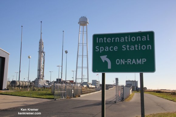 On-Ramp to the Orbital Sciences Antares rocket and International Space Station - ready for blastoff the day before its first night launch from NASA’s Wallops Flight Facility, VA, targeted for Oct. 27 at 6:45 p.m.  Credit: Ken Kremer – kenkremer.com