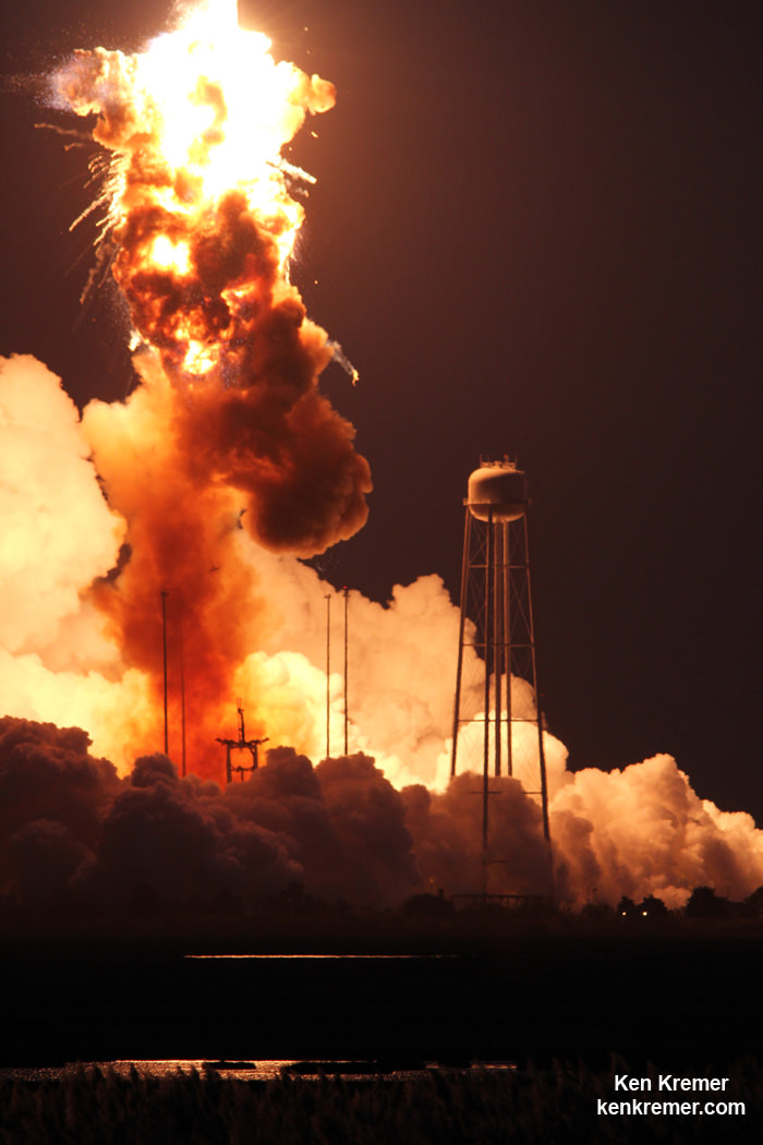 Orbital Sciences Antares rocket explodes into an aerial fireball seconds after blastoff from NASA’s Wallops Flight Facility, VA, on Oct. 28, 2014 at 6:22 p.m.  Credit: Ken Kremer – kenkremer.com