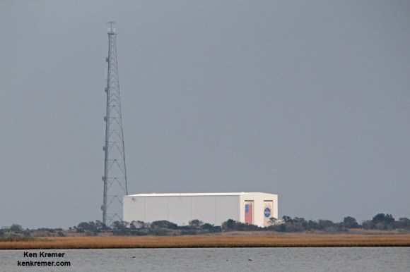 The outer structure of the Horizontal Integration Facility (HIF) appears intact following the Antares launch failure on Oct. 28, 2014. Final assembly and processing of the Antares rocket and Cygnus module takes place inside the HIF.   Credit: Ken Kremer – kenkremer.com