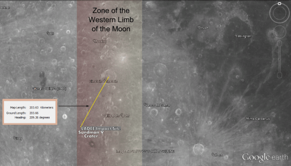 A Google Earth map display of the Moon shows the area of the western limb and the offset of the LADEE impact site relative to the crater Einstein. (Photo Credit: Google, Ilus. T. Reyes)