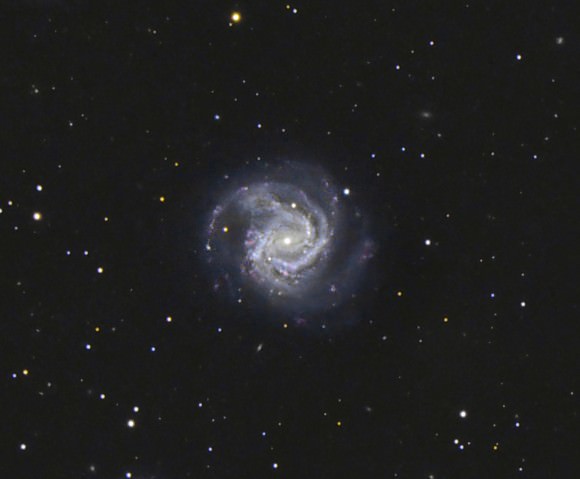 M61 is a beautiful barred spiral galaxy located about 55 million light years from Earth in the constellation Virgo. It's one of the few galaxies to show spiral structure in smaller telescopes. Credit: Hunter Wilson