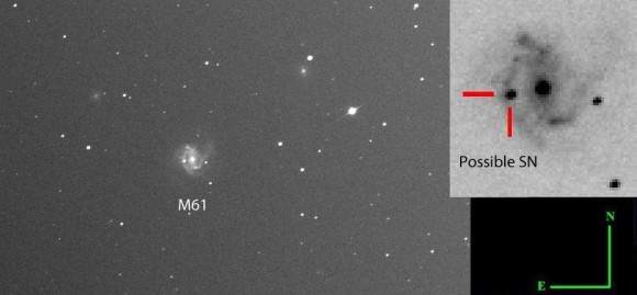 The possible supernova in the bright galaxy M61 in Virgo is located 40" east and 7" south of the galaxy's core at right ascension (RA) 12 h 22', declination (Dec) +4º 28' It's currently magnitude +13.4 and visible in the morning sky before dawn in 8-inch and larger telescopes. Credit: Ernesto Guido, Martino Nicolini, Nick Howes