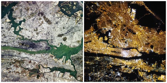 Manhattan awake at 9:23 a.m. local time, and Manhattan at rest at 3:45 a.m. local time. Image Credit: Chris Hadfield / NASA