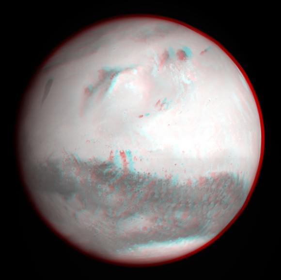 Mars 3-D anaglyph (black & white) taken by ESA’s Rosetta spacecraft during Mars flyby on 24 February 2007 from a distance of about 240 000 km.  Image resolution is about 5 km.  Credit: MPS for OSIRIS Team MPS/UPD/LAM/ IAA/ RSSD/ INTA/ UPM/ DASP/ IDA