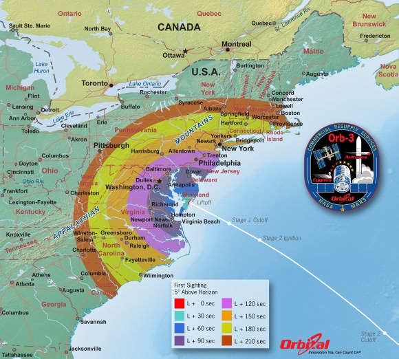 Orbital 3 Launch from NASA Wallops Island, VA on Oct. 27, 2014- Time of First Sighting Map.  This map shows the rough time at which you can first expect to see Antares after it is launched on Oct. 27, 2014. It represents the time at which the rocket will reach 5 degrees above the horizon and varies depending on your location . We have selected 5 degrees as it is unlikely that you'll be able to view the rocket when it is below 5 degrees due to buildings, vegetation, and other terrain features. However, depending on your local conditions the actual time you see the rocket may be earlier or later. As an example, using this map when observing from Washington, DC shows that Antares will reach 5 degrees above the horizon approximately 117 seconds after launch (L + 117 sec).   Credit: Orbital Sciences