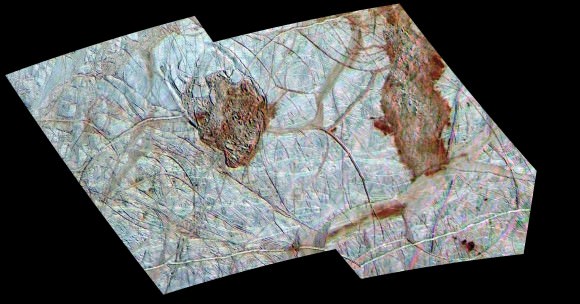 Two reddish spots (Thera and Thrace) stick out on this image of Europa taken by the Galileo orbit in the 1990s. NASA says they display "enigmatic terrain." Credit: NASA/JPL/University of Arizona