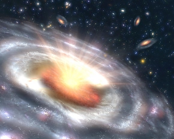 An artists illustration of the central engine of a Quasar. These "Quasi-stellar Objects" QSOs are now recognized as the super massive black holes at the center of emerging galaxies in the early Universe. (Photo Credit: NASA)