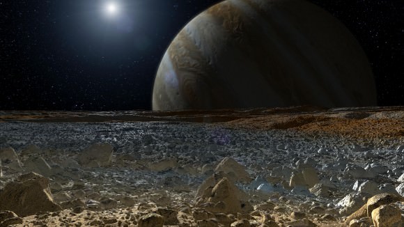 Artist's conception of Europa's surface, backdropped by planet Jupiter. Credit: NASA/JPL-Caltech