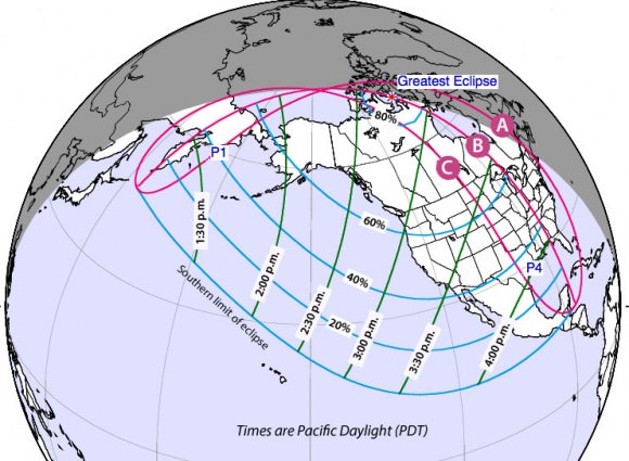 Map showing times and percentage of the sun covered during Thursday's partial solar eclipse. Times are Pacific Daylight - add 1 hour for MDT, 2 hours for CDT and 3 hours for EDT. Credit: NASA, F. Espenak with additions by the author