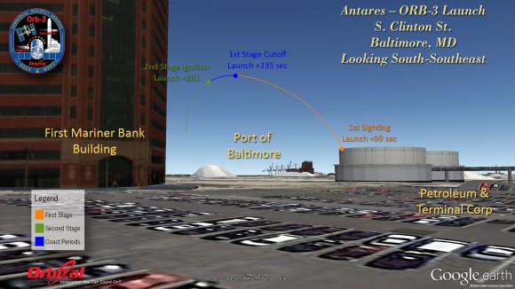 What the Antares launch will look like over the Port of Baltimore, MD. Credit: Orbital Sciences Corp.