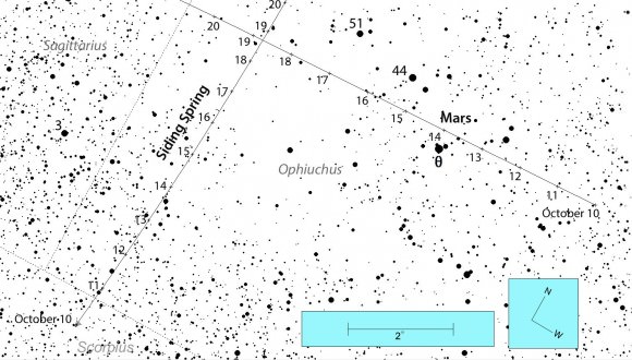 Daily positions of Comet Siding Spring October 10-20 from the central U.S. at nightfall. Stars shown to magnitude +11.5. Closest approach to Mars is October 19. Brighter stars like 3 Sagittarii, 44 and 51 Ophiuchi and Theta Ophiuchi are labeled. Source: Chris Marriott's SkyMap
