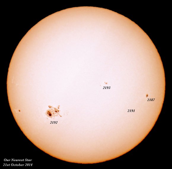 The sun on October 21 showing smaller sunspot regions along with our featured group. Credit: Sarah and Simon Fisher