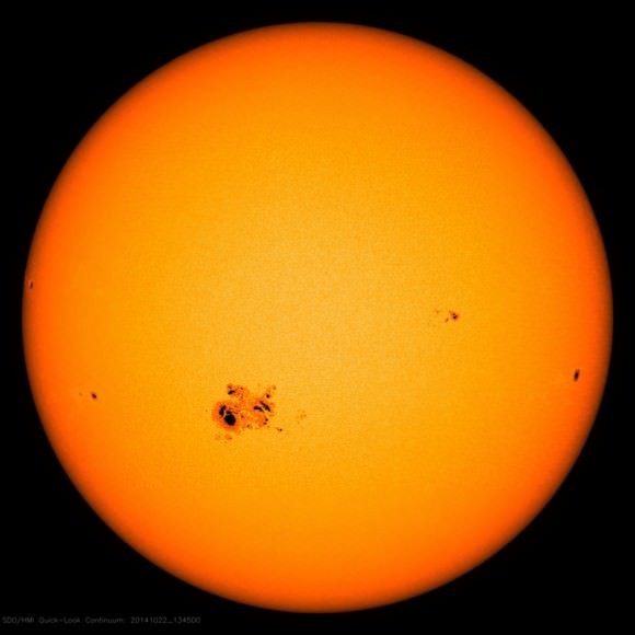 NASA's Solar Dynamics Observatory took this photo of the sun and Jupiter-sized sunspot 2192 this morning Oct. 22 at 8:45 a.m. CDT. The view in a small telescope equipped with a safe solar filter is even better! Credit: NASA