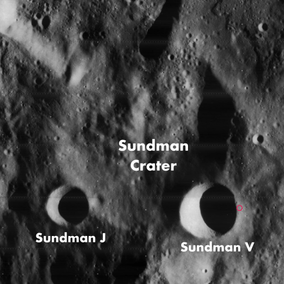 This Lunar Orbiter image shows the Sundman craters. The high resolution LROC images of the LADE impact site easily fit within the red circle on Sundman V eastern rim. (Photo Credit: NASA)