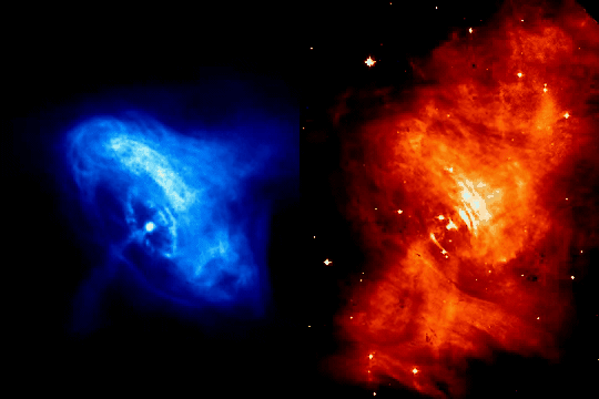 The Crab Nebula Pulsar, M1. Both are sequences of observations that show the expansion of shock waves emanating from the Pulsar interacting with the surrounding nebula. The Crab Pulsar actually pulsates 30 times per second a result of its rotation rate and the relative offset of the magnetic pole. Charndra X-Rays (left), Hubble Visible light (right). (Credit: NASA, JPL-Caltech)