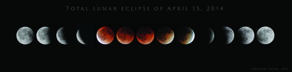 An outstanding sequence of images taken during the April 15th, 2014 total lunar eclipse. Credit: Michael Zeiler (Eclipse-Maps) Used with permission.