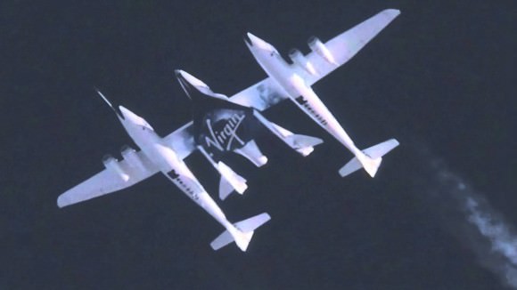 WhiteKnightTwo and SpaceShipTwo in flight during test prior to release of the experimental space vehicle. (Photo Credit: Virgin Galactic)