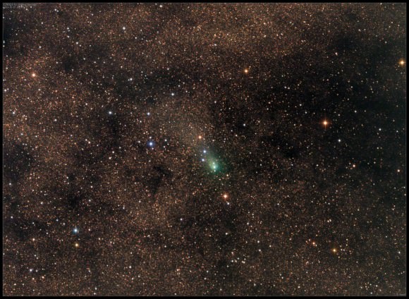 Comet 2013 A1 Siding Spring on October 17, 2014, with two days to go until its Martian encounter. Very dense Milkyway starfield in the background with many darker obscured regions. Credit and copyright: Damian Peach. 