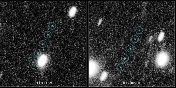 Two potential targets for the New Horizons mission emerge in these Hubble Space Telescope multiple-exposure images. Both are about four billion miles (6.4 billion kilometers) away. NASA, ESA, SwRI, JHU/APL, and the New Horizons KBO Search Team
