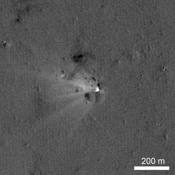 A high resolution LROC image of the LADEE impact site on the eastern rim of Sundman V crater. The image was created by ratioing two images, one taken before the impact and another afterwards. The bright area highlights what has changed between the time of the two images, specifically the impact point and the ejecta. Image (Credit: NASA/Goddard/Arizona State University)