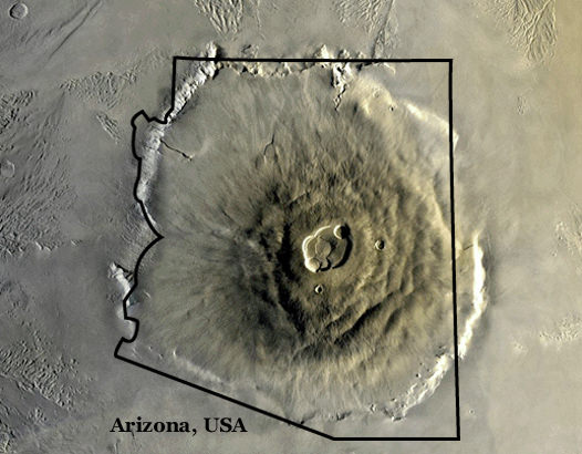 Olympus Mons from Mars orbit compared to the state of Arizona. Credit: NASA