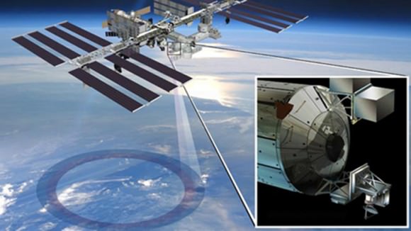 ISS-RapidScat instrument, shown in this artist's rendering, was launched to the International Space Station aboard the SpaceX CRS-4 mission on Sept. 21, 2014 and attached at ESA’s Columbus module.  It will measure ocean surface wind speed and direction and help improve weather forecasts, including hurricane monitoring. Credit: NASA/JPL-Caltech/Johnson Space Center. 