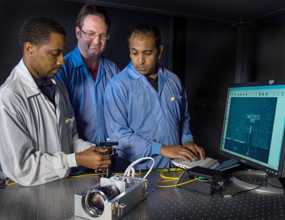Semper (left), Calhoun, and Shah are advancing the technologies needed to create a virtual telescope that they plan to demonstrate on two CubeSats. (Image/Caption Credit: NASA/W. Hrybyk)
