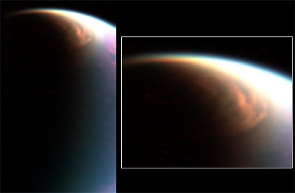 This cloud in the stratosphere over Titan’s north pole (left) is similar to Earth’s polar stratospheric clouds (right). NASA scientists found that Titan’s cloud contains methane ice, which was not previously thought to form in that part of the atmosphere. Cassini first spotted the cloud in 2006. Image Credit: L. NASA/JPL/U. of Ariz./LPGNantes; R. NASA/GSFC/M. Schoeberl