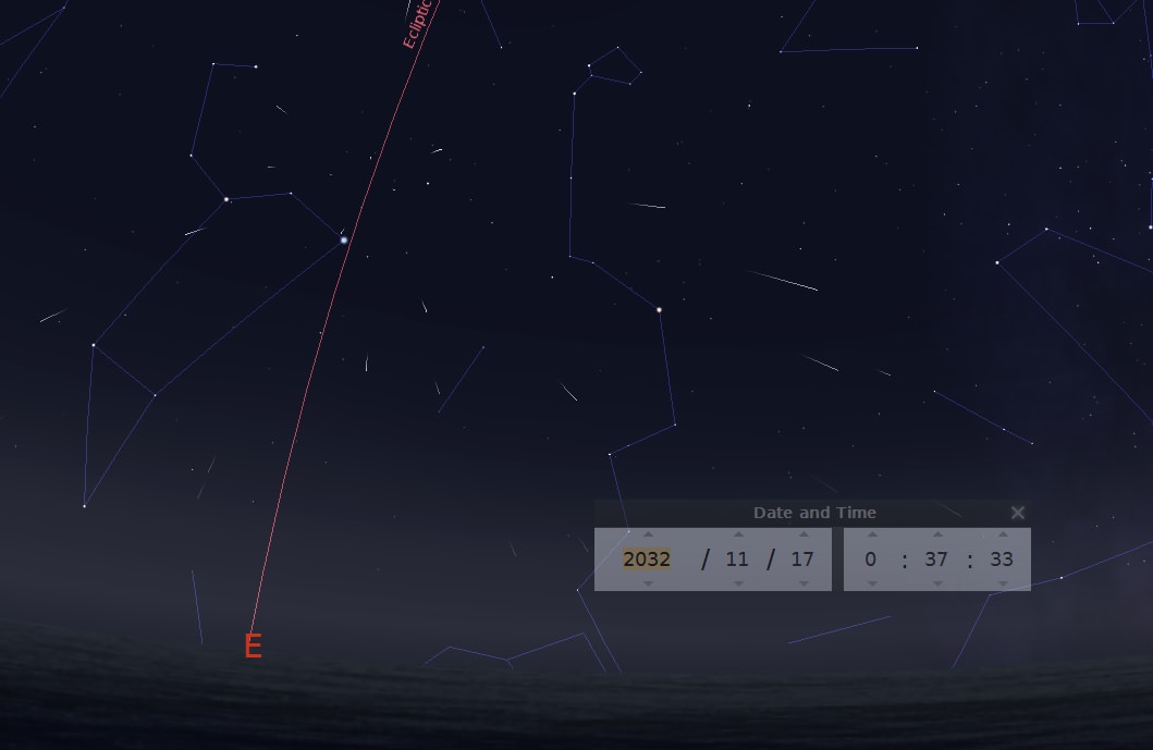 A simulated storm on the morning of November 17th, 2032. Credit: Stellarium.