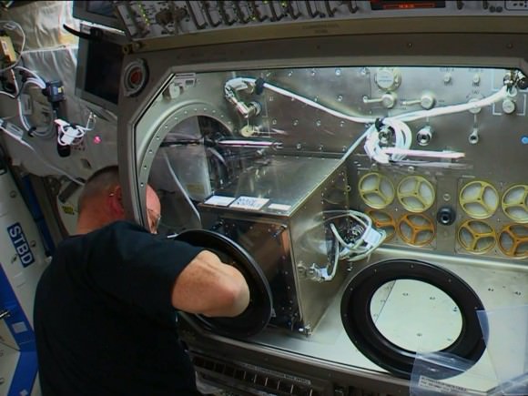 In November 2014, NASA astronaut Butch Wilmore installed a 3-D printer made by Made in Space in the Columbus laboratory's Microgravity Science Glovebox on the International Space  Station. Credit: NASA TV