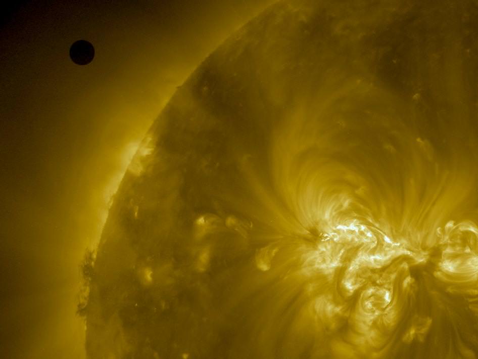 Venus turns its night time back towards us during the 2012 transit of the Sun, as seen from NASA's Solar Dynamics Observatory (Credit: NASA/SDO).