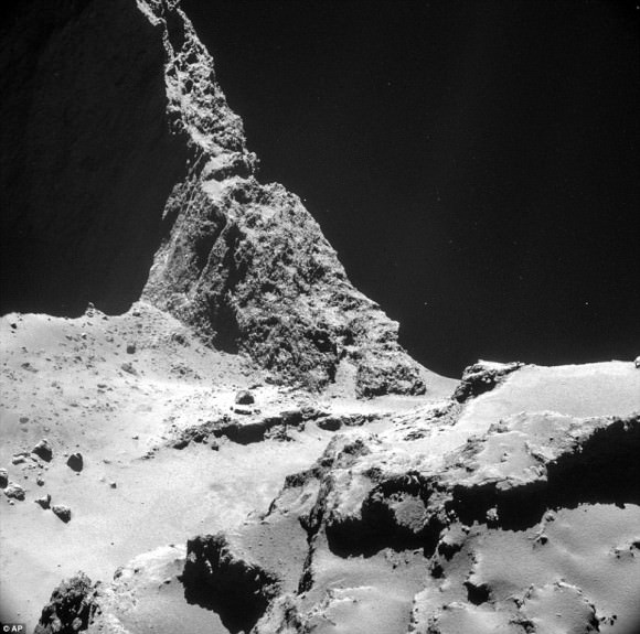 Just to give you a flavor for the rugged landscape Philae was headed toward earlier today, this photo was taken by Rosetta at an altitude of 4.8 miles (7.7 km) from the comet's surface. Credit: ESA
