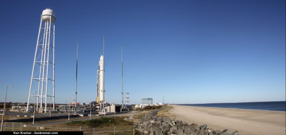 Pre-launch seaside panorama of Orbital Sciences Corporation Antares rocket at the NASA's Wallops Flight Facility launch pad on Oct 26 - 2 days before the ??Orb-3? launch failure on Oct 28, 2014.  Credit: Ken Kremer - kenkremer.com