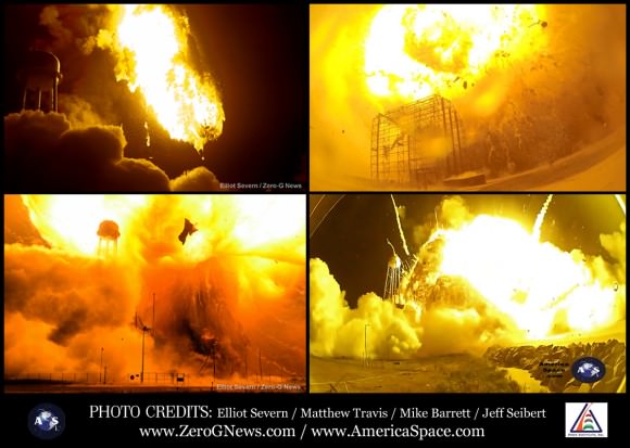 Remote cameras set up around launch pad 0A at the Mid-Atlantic Regional Spaceport at NASA’s Wallops Flight Facility in Virginia captured incredible up-close views of an Orbital Sciences Corporation Antares rocket exploding seconds after liftoff several weeks ago. The mission was to deliver the company’s Orb-3 Cygnus spacecraft to deliver supplies and experiments to the orbiting International Space Station. Photo Credits: Elliot Severn / Matthew Travis / Mike Barrett / Jeff Seibert for Zero-G News and AmericaSpace