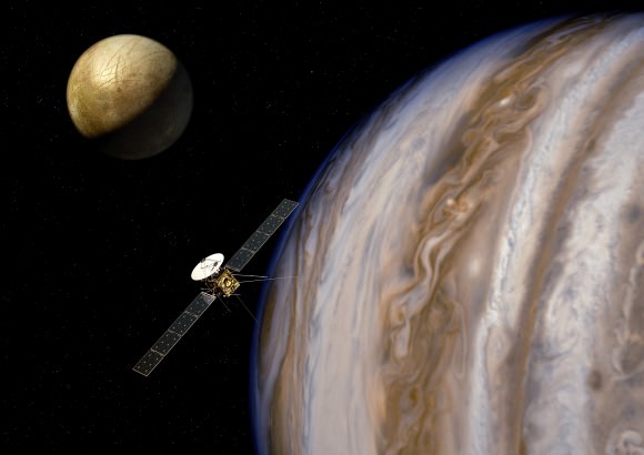 Artist's impression of the Jupiter Icy Moons Explorer (JUICE) near Jupiter and one of its moons, Europa. Credit: ESA/AOES