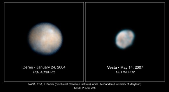 These Hubble Space Telescope images of Vesta and Ceres show two of the most massive asteroids in the asteroid belt, a region between Mars and Jupiter. Credit: NASA/European Space Agency