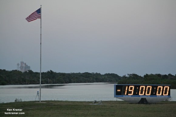 Space Shuttle Discovery awaits blast off on her final mission from Pad 39 A on the STS-133 mission, its 39th and final flight to space on February 24, 2011.  Prelaunch twilight view from the countdown clock at the KSC Press Site. Credit: Ken Kremer – kenkremer.com