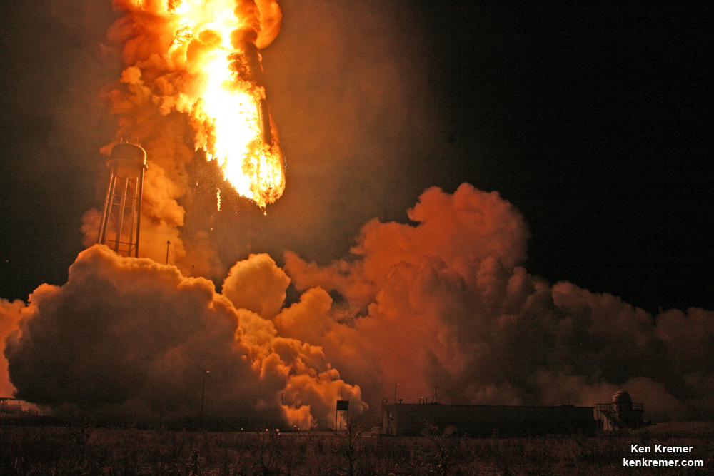 Antares doomed descent to incendiary destruction after first stage propulsion system of Orbital Sciences’ rocket exploded moments after blastoff from NASA’s Wallops Flight Facility, VA, on Oct. 28, 2014. Credit: Ken Kremer – kenkremer.com