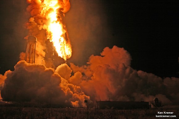 Antares descended into hellish inferno after first stage propulsion system at base of Orbital Sciences Antares rocket exploded moments after blastoff from NASA’s Wallops Flight Facility, VA, on Oct. 28, 2014. Credit: Ken Kremer – kenkremer.com