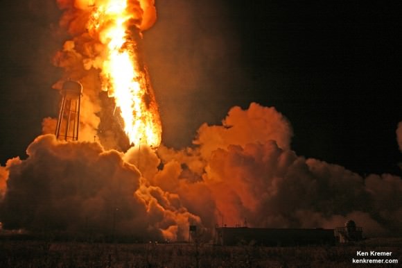 Antares descended into hellish inferno after first stage propulsion system at base of Orbital Sciences Antares rocket exploded moments after blastoff from NASA’s Wallops Flight Facility, VA, on Oct. 28, 2014, at 6:22 p.m. Credit: Ken Kremer – kenkremer.com