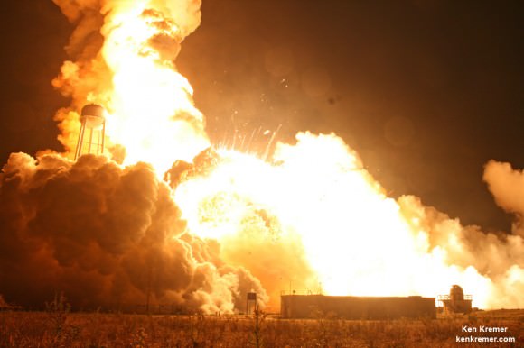 Orbital Sciences Antares rocket explodes into a fireball seconds after blastoff from NASA’s Wallops Flight Facility, VA, on Oct. 28, 2014 at 6:22 p.m. Credit: Ken Kremer – kenkremer.com