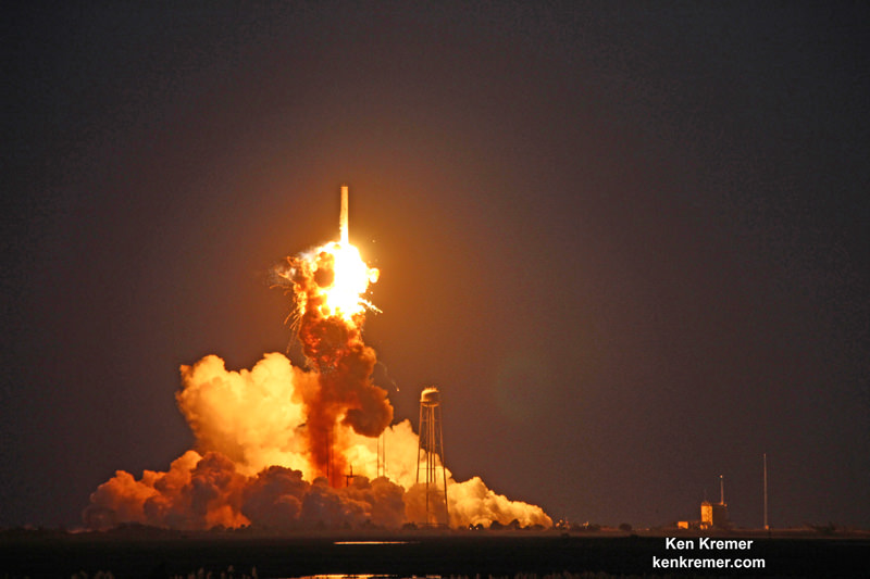 First stage propulsion system at base of Orbital Sciences Antares rocket appears to explode moments after blastoff from NASA’s Wallops Flight Facility, VA, on Oct. 28, 2014, at 6:22 p.m. Credit: Ken Kremer – kenkremer.com