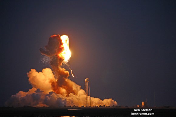 Orbital Sciences Antares rocket explodes moments after blastoff from NASA’s Wallops Flight Facility, VA, on Oct. 28, 2014, at 6:22 p.m. Credit: Ken Kremer – kenkremer.com