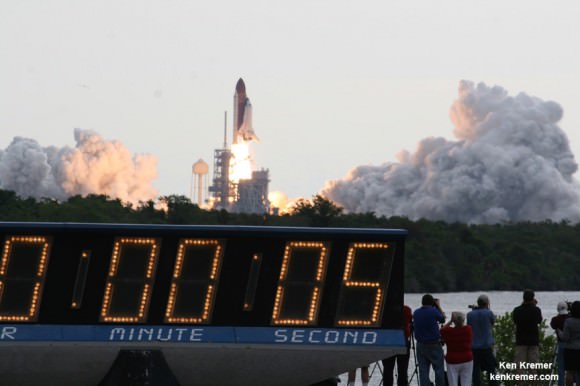 Space Shuttle Endeavour blasts off on her 25th and final mission from Pad 39 A on May 16, 2011 at 8:56 a.m. View from the world famous countdown clock at T Plus 5 Seconds. Credit: Ken Kremer – kenkremer.com