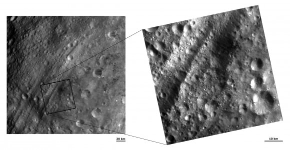 Close-ups of Vesta's equatorial troughs obtained by Dawn's framing camera in August and September 2011. (NASA/ JPL-Caltech/ UCLA/ MPS/ DLR/ IDA)