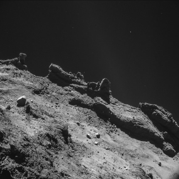 An image of Comet 67P/Churyumov–Gerasimenko at less than 10 km from its surface. This selection of previously unpublished ‘beauty shots’, taken by Rosetta’s navigation camera, presents the varied and dramatic terrain of this mysterious world from this close orbit phase of the mission. Credit: ESA. 