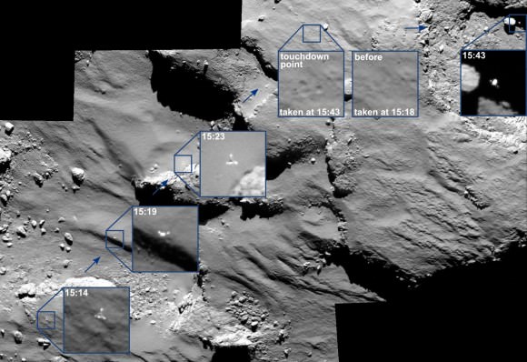 Images from the Rosetta spacecraft show Philae drifting across the surface of its target comet during landing Nov. 12, 2014. Credit: ESA/Rosetta/MPS for OSIRIS Team MPS/UPD/LAM/IAA/SSO/INTA/UPM/DASP/IDA