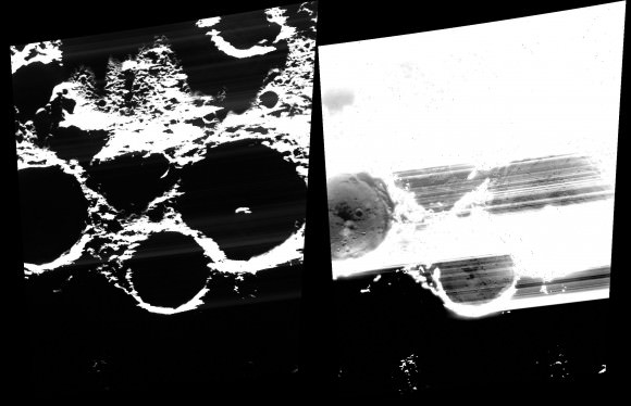 Ice is lurking at the bottom of these craters on Mercury in this double image. From left to right, the large craters are  Chesterton, Tryggvadóttir, and Tolkien. The right-hand image is stretched to show the permanent dark bottoms in each crater. Data is from the NASA MESSENGER mission. Credit: NASA/Johns Hopkins University Applied Physics Laboratory/Carnegie Institution of Washington