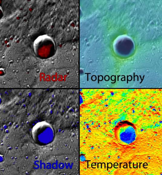 This is an Andy Warhol-like image of an unnamed crater near Mercury's north pole. Data obtained by the MESSENGER spacecraft makes scientists suspect there is water ice inside the 15-mile (24-kilometer) divot. Credit: NASA/Johns Hopkins University Applied Physics Laboratory/Carnegie Institution of Washington 